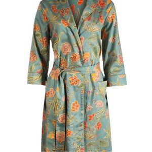 Peruvian Connection Robe Womens Sz M Sage Green Floral Print Pima Cotton